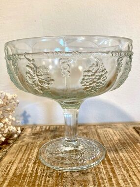 Clear Pressed Glass Compote Serving Bowl with Grape Motif 6” Tall